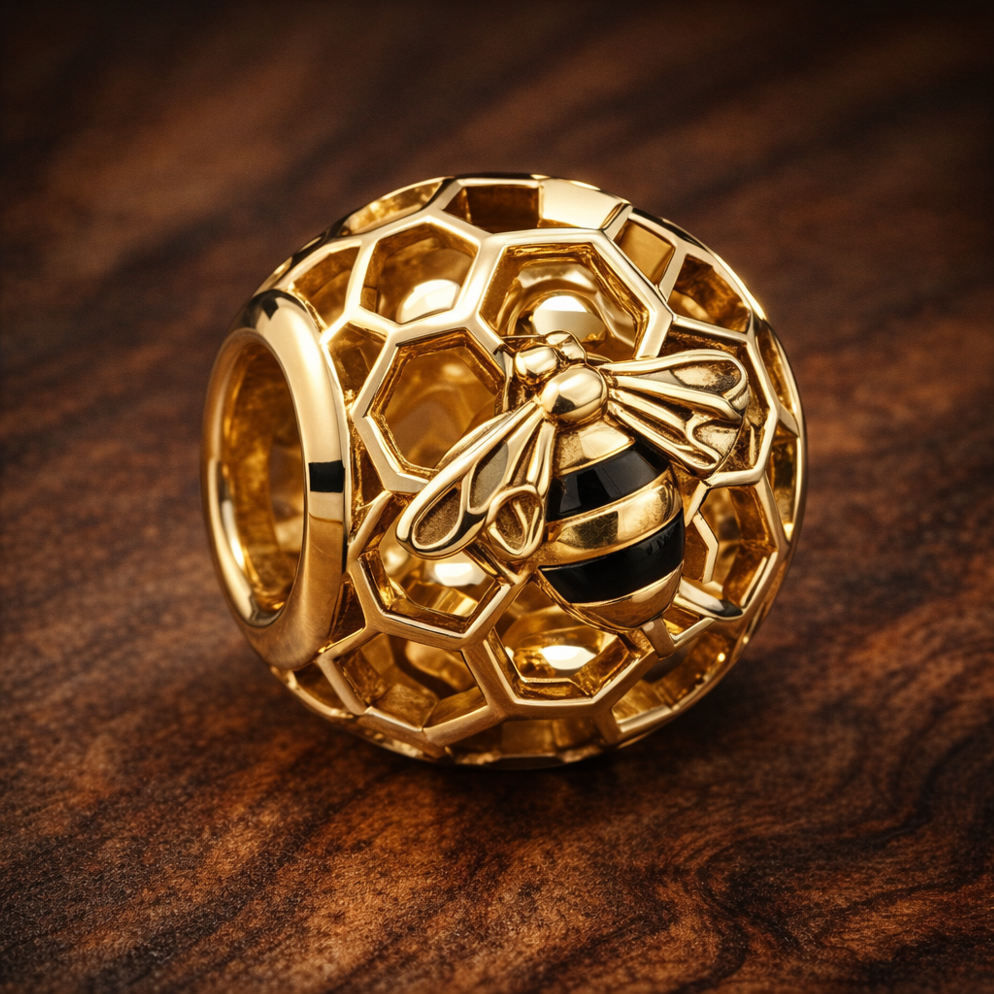 Gold Plated Honeycomb Heart Charm - Gold Plated Honeycomb Heart Charm — display on walnut