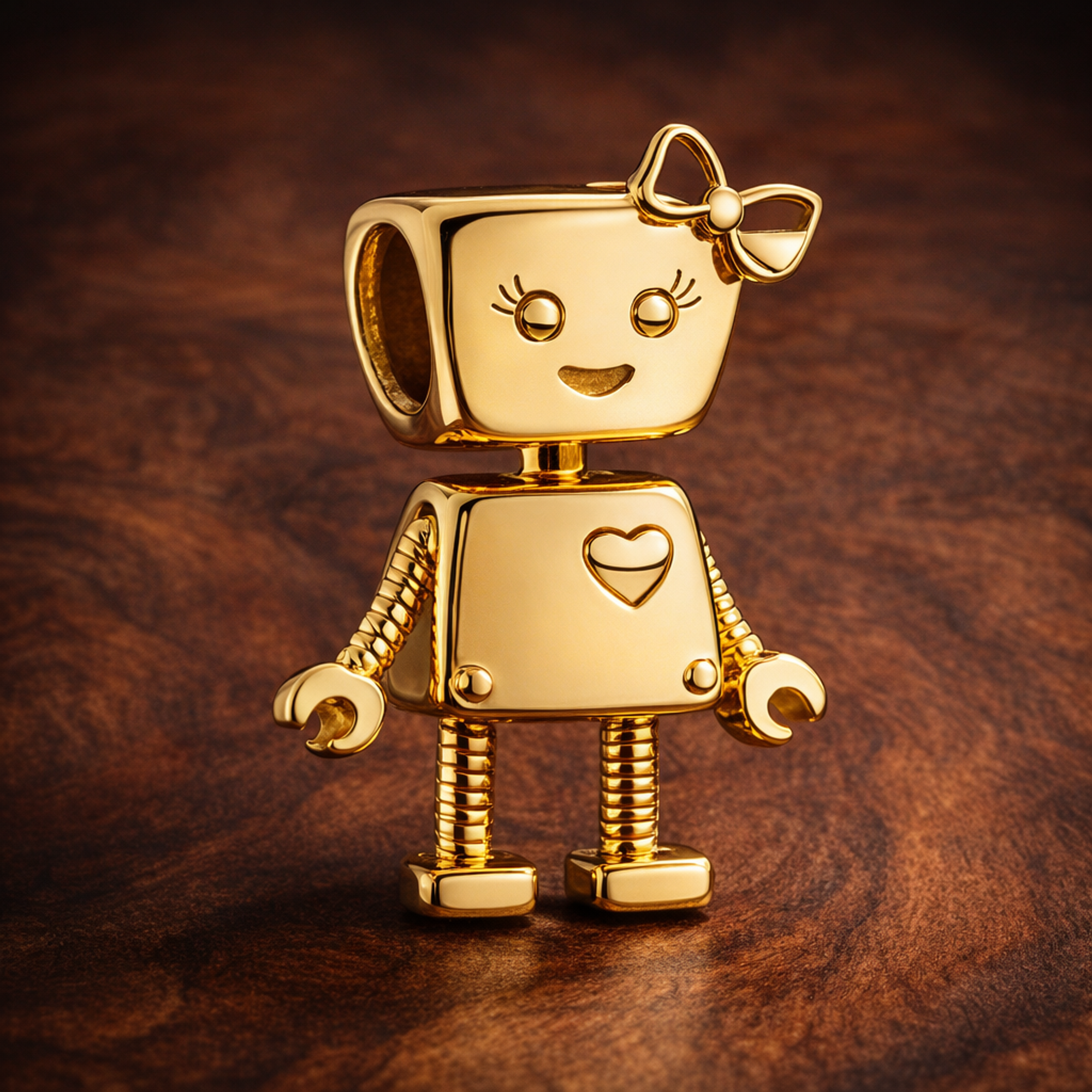 Gold Plated Robot Charm - Gold Plated Robot Charm — display on walnut