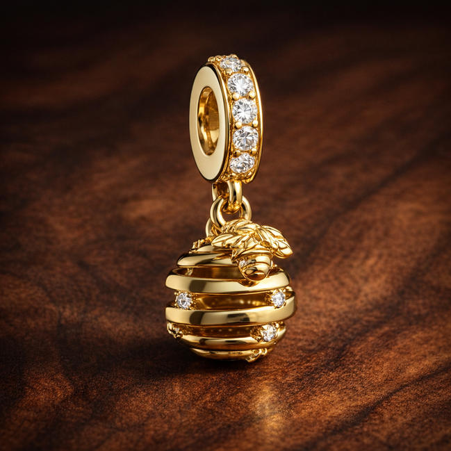 Gold Plated Beehive Dangle Charm - Gold Plated Beehive Dangle Charm — display on walnut