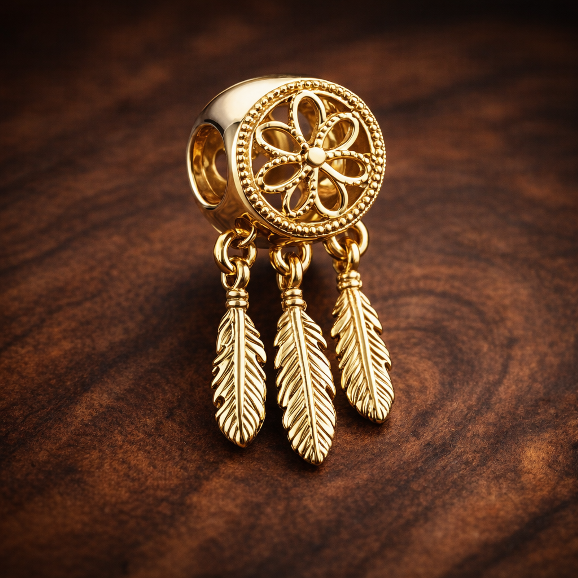 Gold Plated Dreamcatcher Dangle Charm - Gold Plated Dreamcatcher Dangle Charm — display on walnut