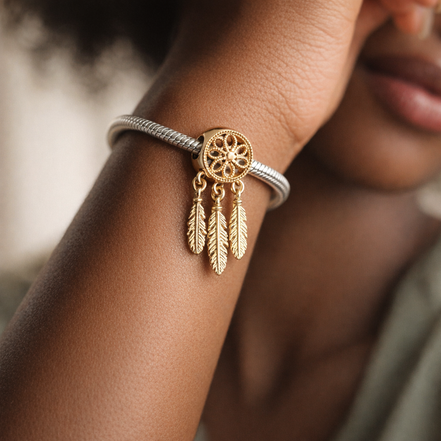 Gold Plated Dreamcatcher Dangle Charm - Gold Plated Dreamcatcher Dangle Charm — worn on wrist