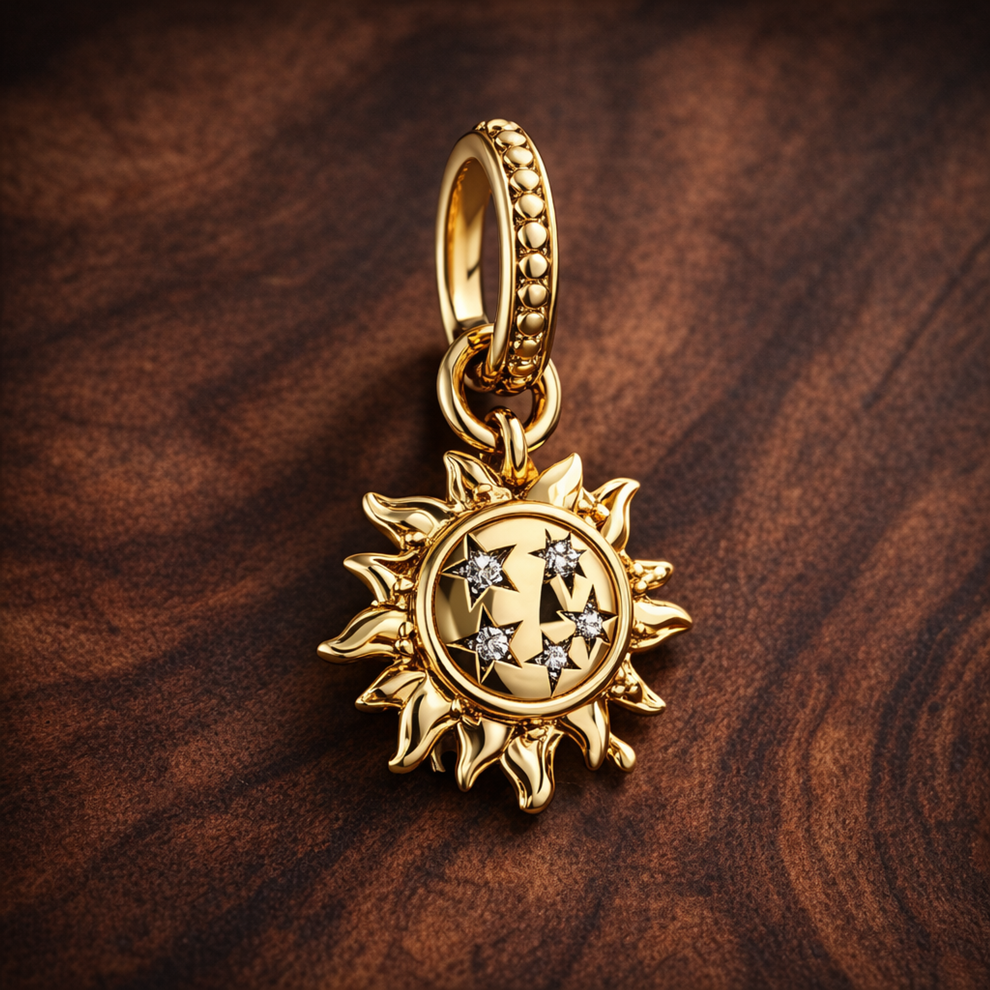 Gold Plated Sun Dangle Charm - Gold Plated Sun Dangle Charm — display on walnut
