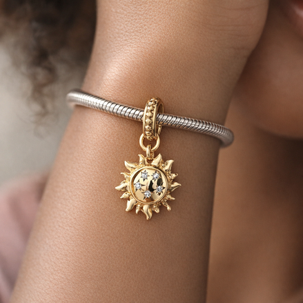 Gold Plated Sun Dangle Charm - Gold Plated Sun Dangle Charm — worn on wrist