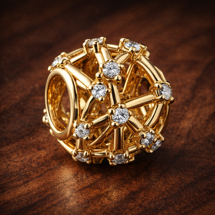 Gold Plated Orbital Crystal Charm - Gold Plated Orbital Crystal Charm — display on walnut