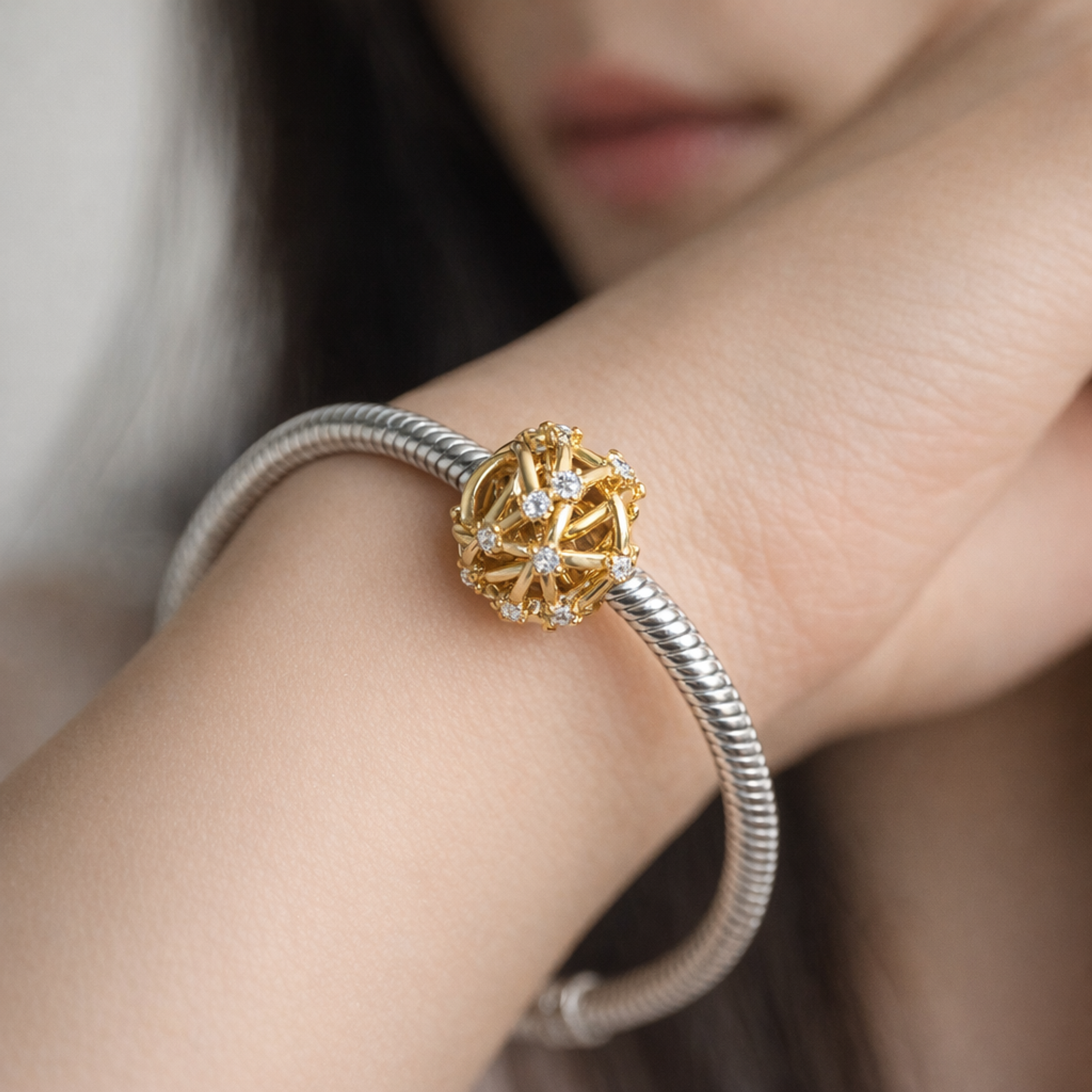 Gold Plated Orbital Crystal Charm - Gold Plated Orbital Crystal Charm — worn on wrist