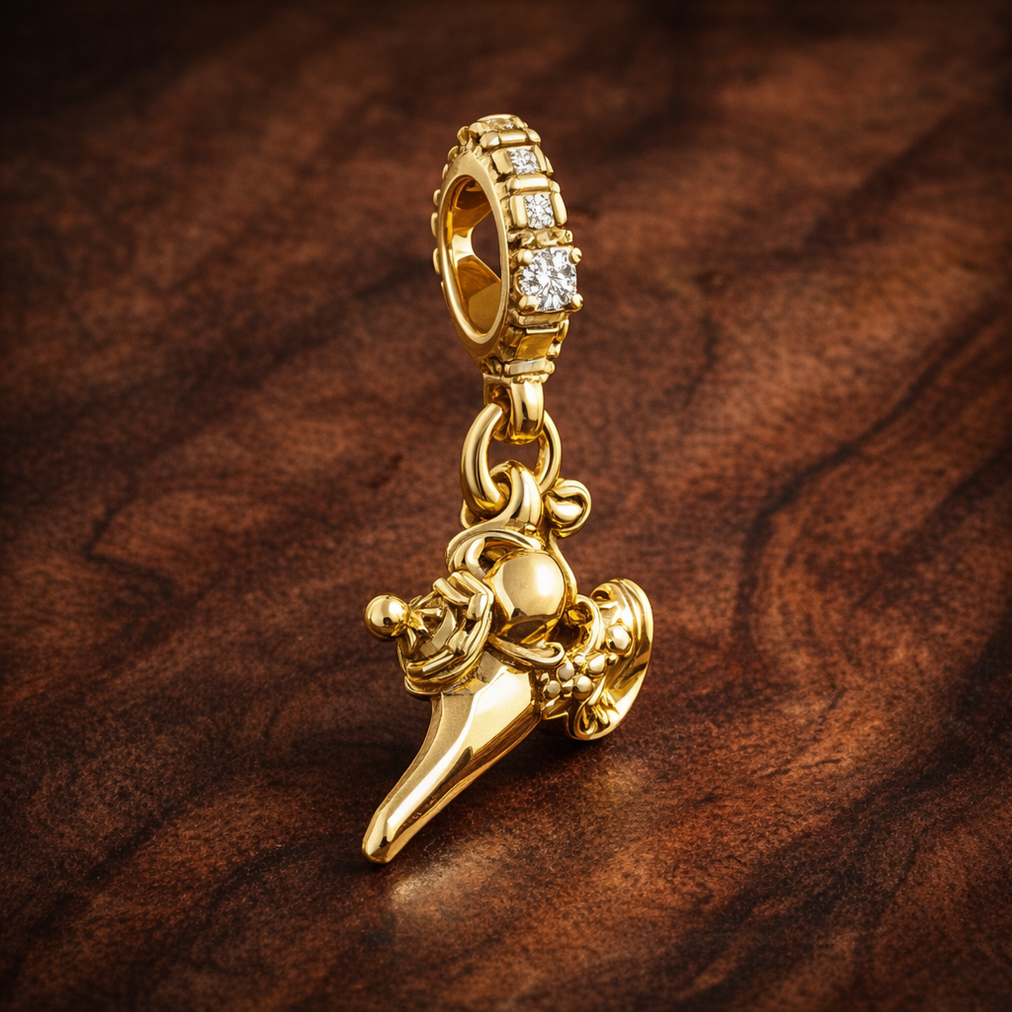 Gold Plated Fairy Dangle Charm - Gold Plated Fairy Dangle Charm — display on walnut