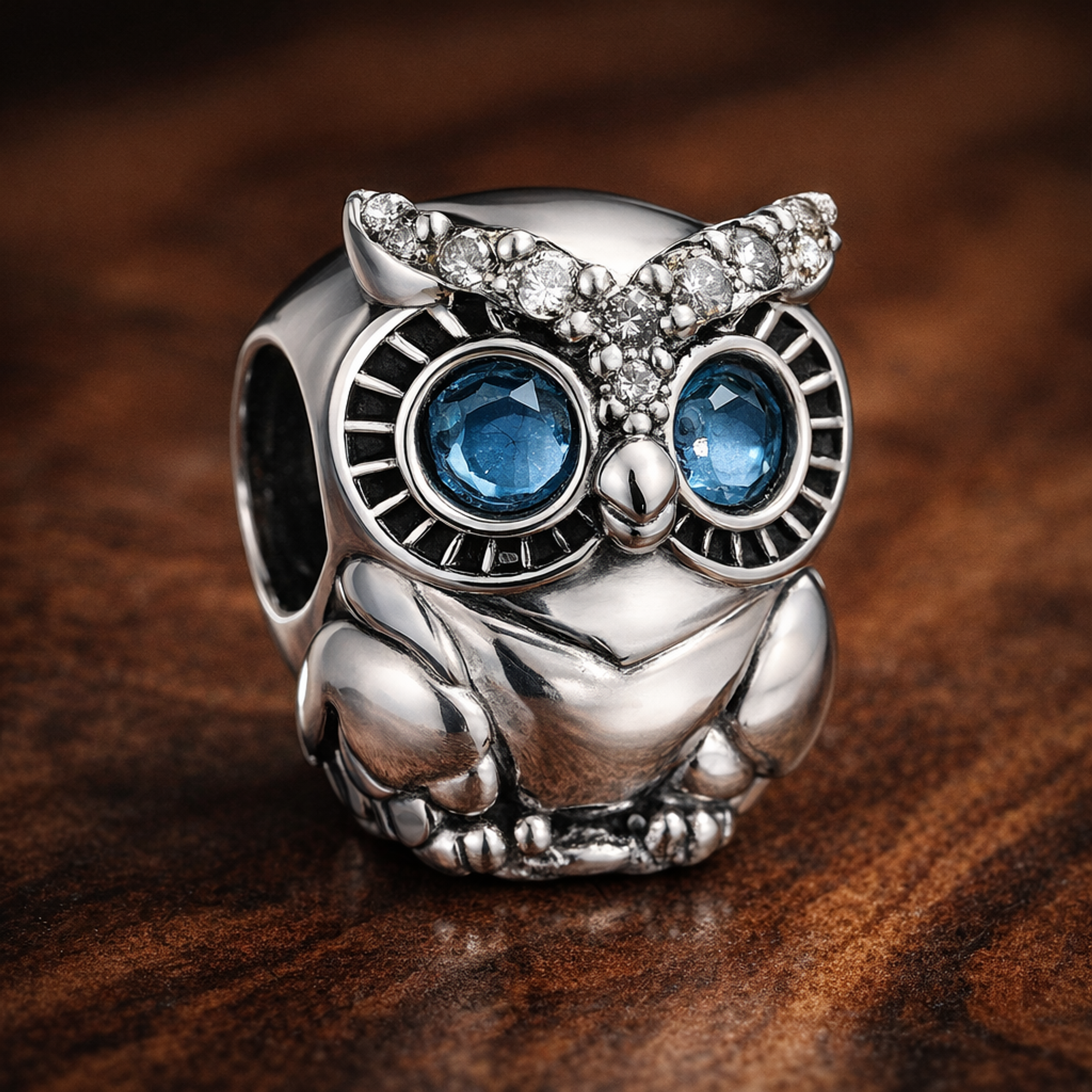 Sparkling Owl Charm — display on walnut