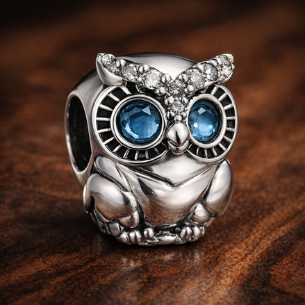 Sparkling Owl Charm — display on walnut