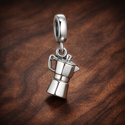 Italian Coffee Maker - Sterling Silver Italian Coffee Maker Dangle Charm — display on walnut