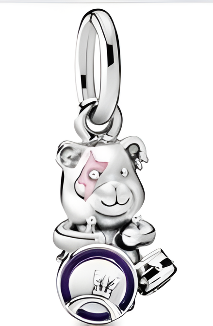 Sterling Silver Baby Bear Dangle Charm with Purple Enamel