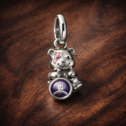 White Rabbit Clock Dangle Charm - White Rabbit Clock Dangle Charm — display on walnut