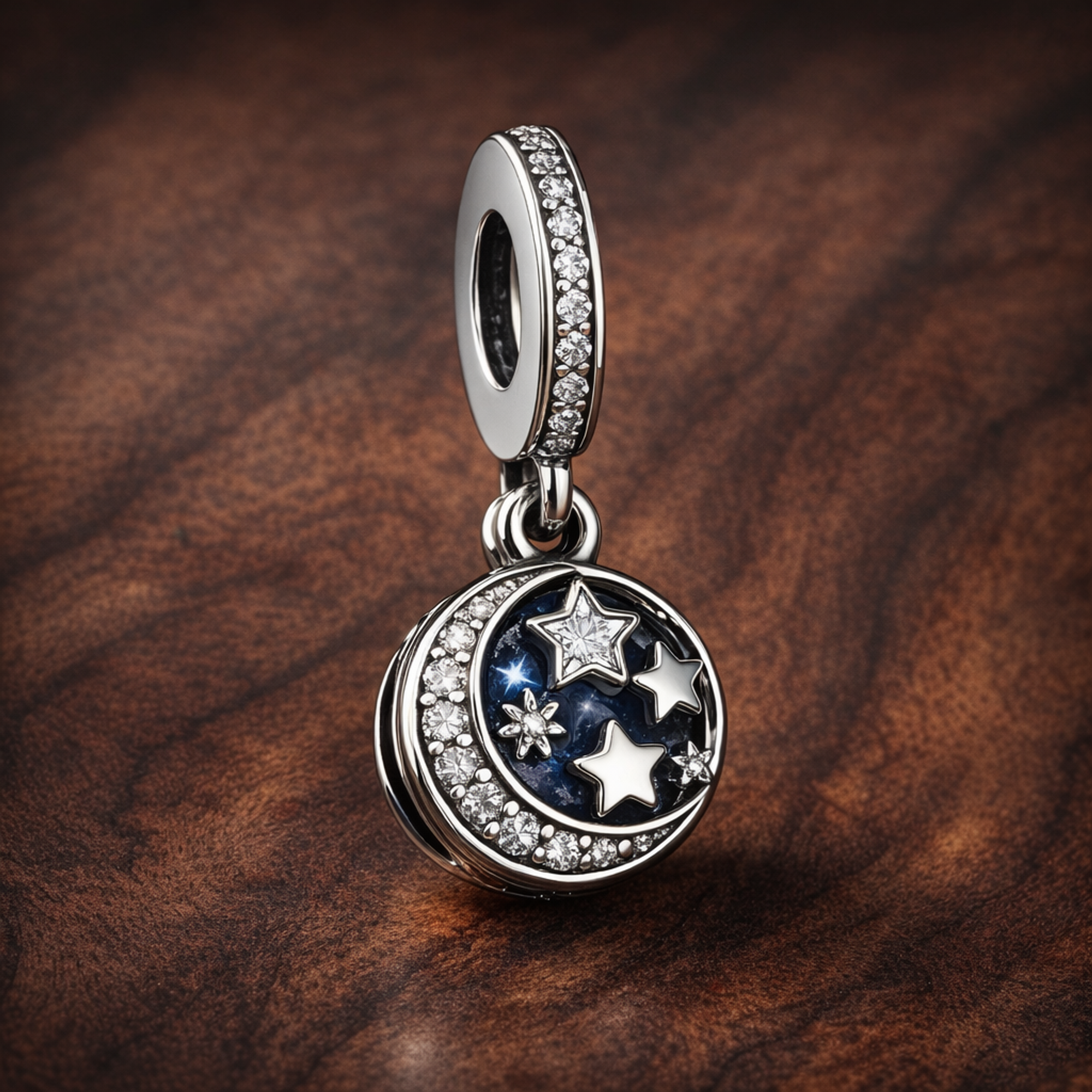 Moon & Blue Sky Dangle Charm — display on walnut