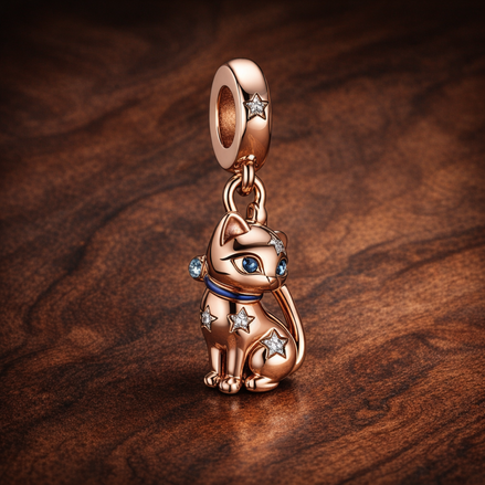Rose Gold Plated Pig Dangle Charm - Rose Gold Plated Pig Dangle Charm — display on walnut