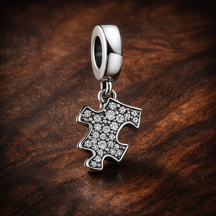 Silver Puzzle Piece Dangle Charm - Silver Puzzle Piece Dangle Charm — display on walnut