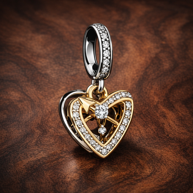 Shooting Star Hearts Double Dangle Charm — display on walnut
