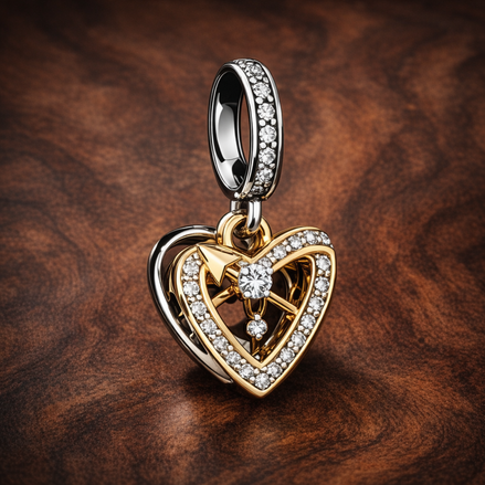 Shooting Star Hearts Double Dangle Charm — display on walnut