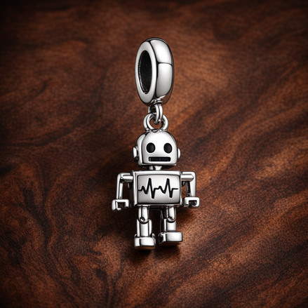 Silver Robot Charm - Silver Robot Charm — display on walnut
