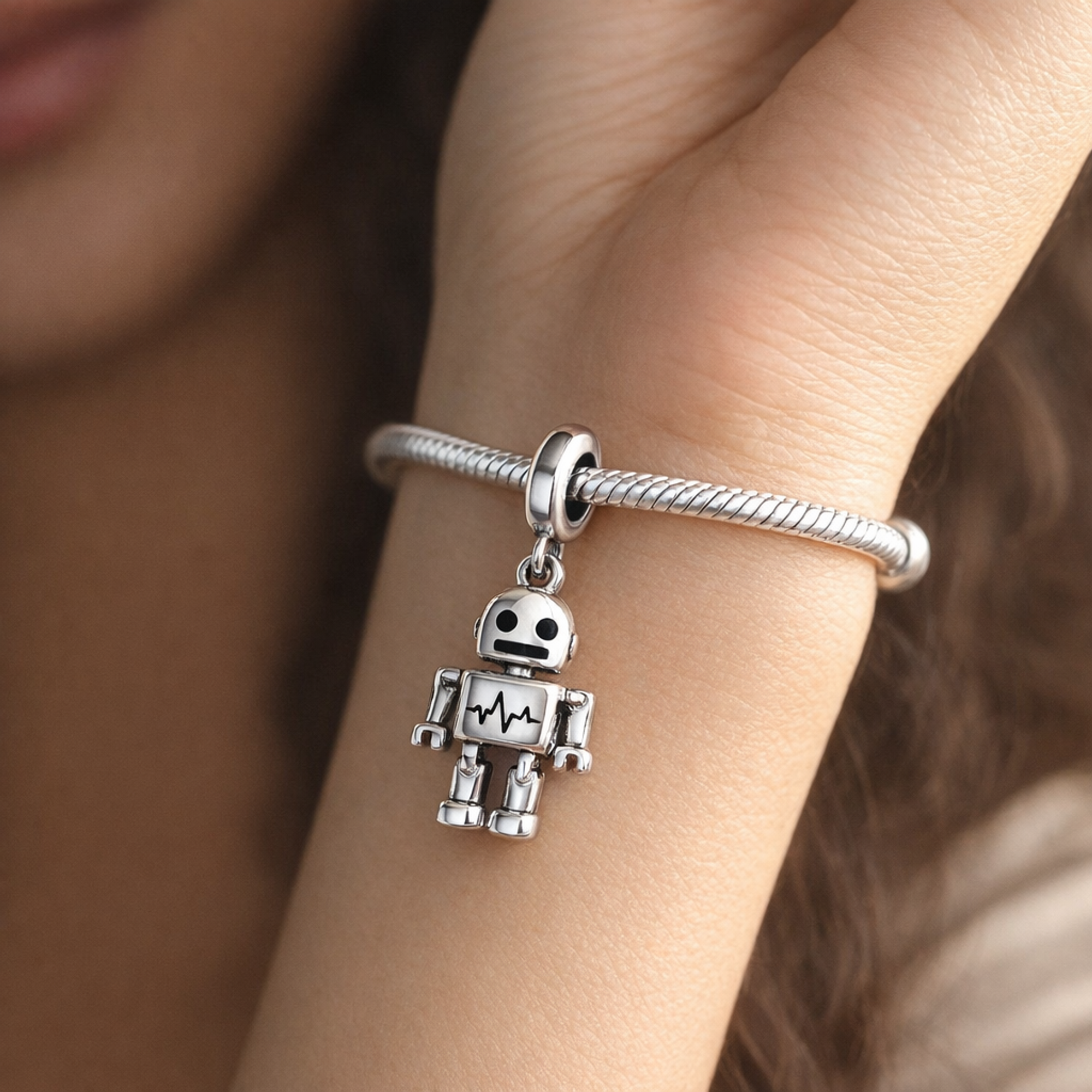 Silver Robot Charm - Silver Robot Charm — worn on wrist