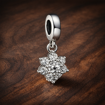 Floral Snowflake Stones - Sterling Silver Floral Snowflake Dangle Charm With Stones — display on walnut