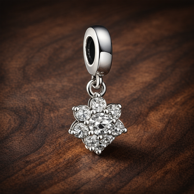 Floral Snowflake Stones - Sterling Silver Floral Snowflake Dangle Charm With Stones — display on walnut
