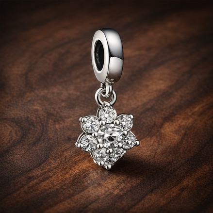 Floral Snowflake Stones - Sterling Silver Floral Snowflake Dangle Charm With Stones — display on walnut