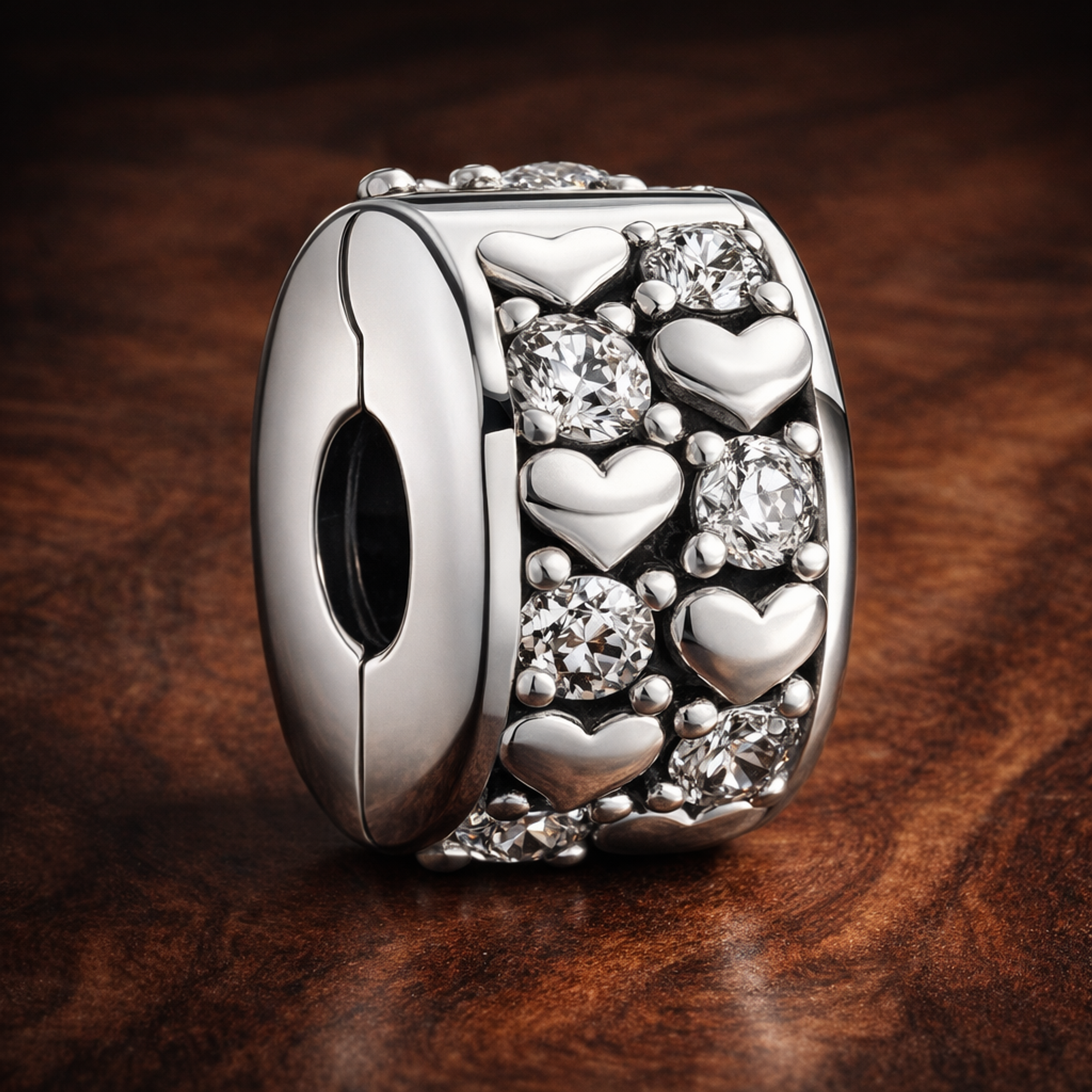 Infinite Hearts Sparkling Clip Charm — display on walnut
