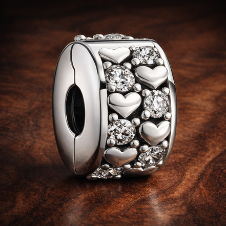 Infinite Hearts Sparkling Clip Charm — display on walnut