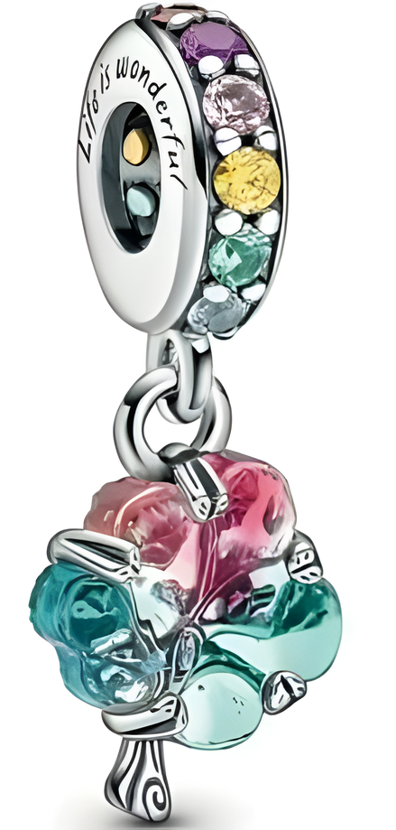 Sterling Silver Flower Bouquet Dangle Charm with Rainbow Stones