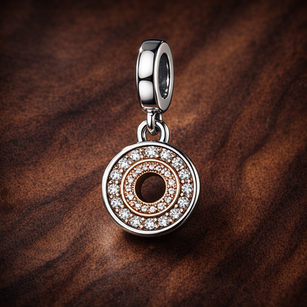 Rose Compass Halo Dangle - Rose Compass Halo Dangle Charm — display on walnut