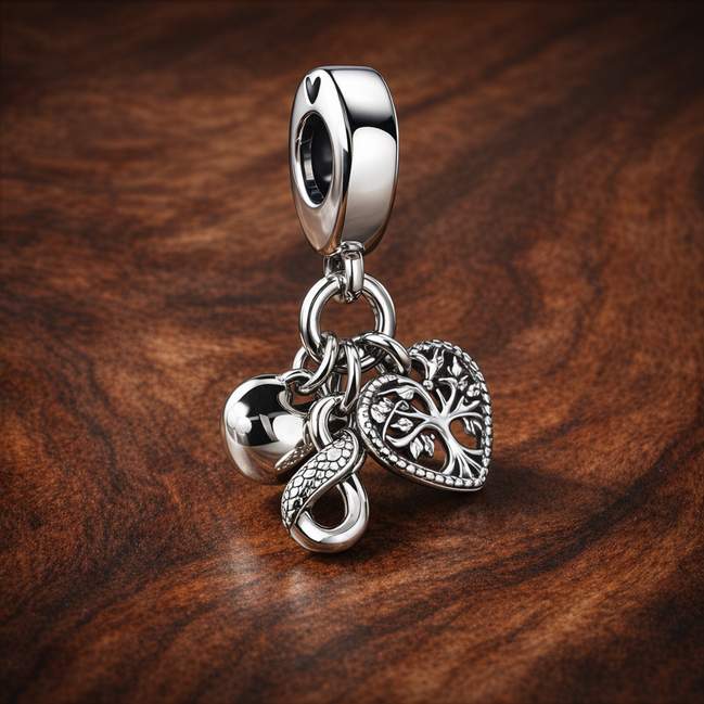 Family Infinity Triple Dangle Charm — display on walnut
