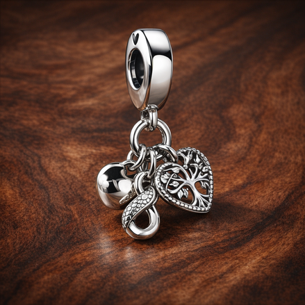 Family Infinity Triple Dangle Charm — display on walnut
