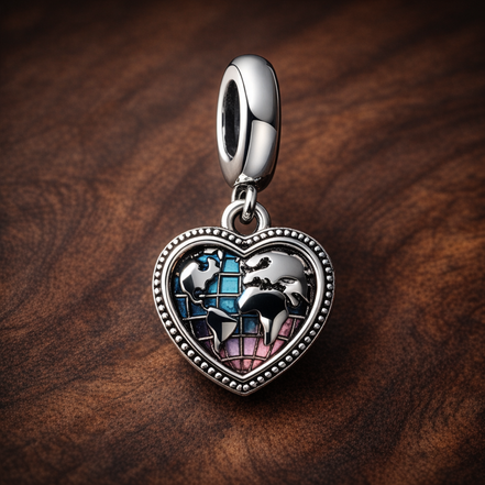 Heart Travel Map Dangle - Heart Travel Map Dangle Charm — display on walnut