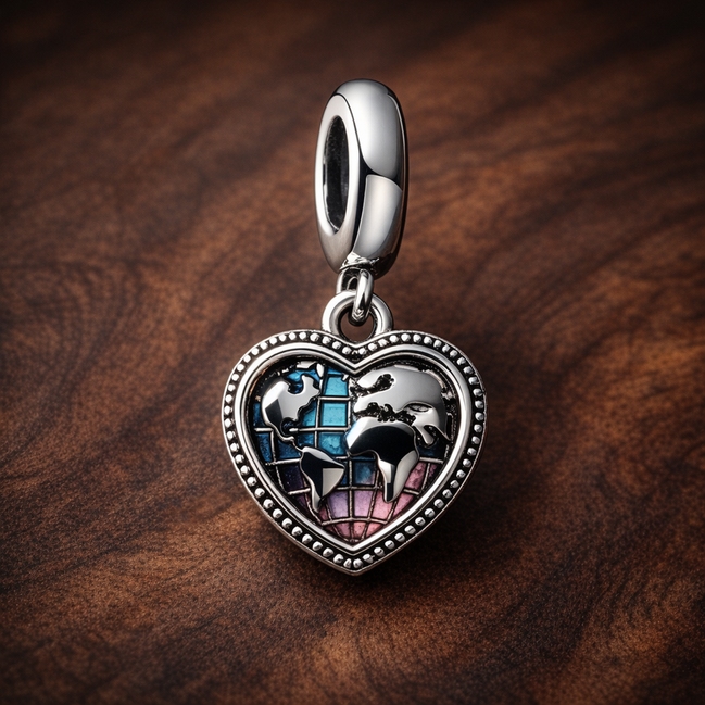 Heart Travel Map Dangle - Heart Travel Map Dangle Charm — display on walnut