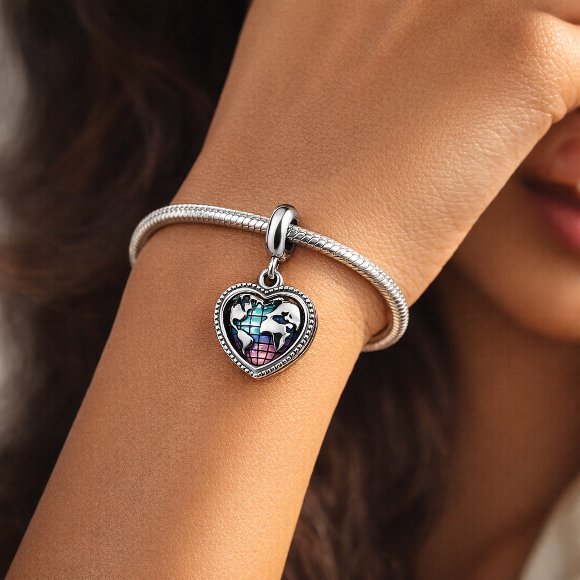 Heart Travel Map Dangle - Heart Travel Map Dangle Charm — worn on wrist