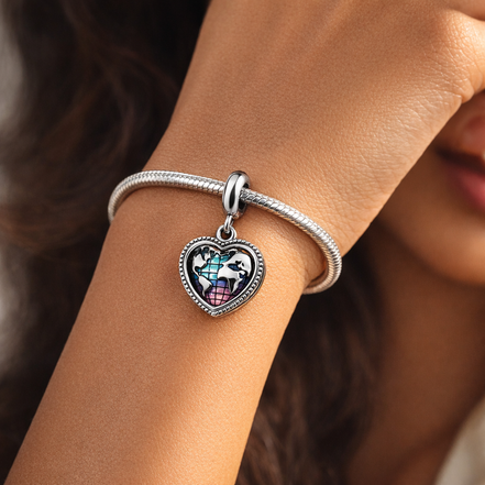 Heart Travel Map Dangle - Heart Travel Map Dangle Charm — worn on wrist
