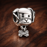 Pet Dog & Bone Charm — display on walnut