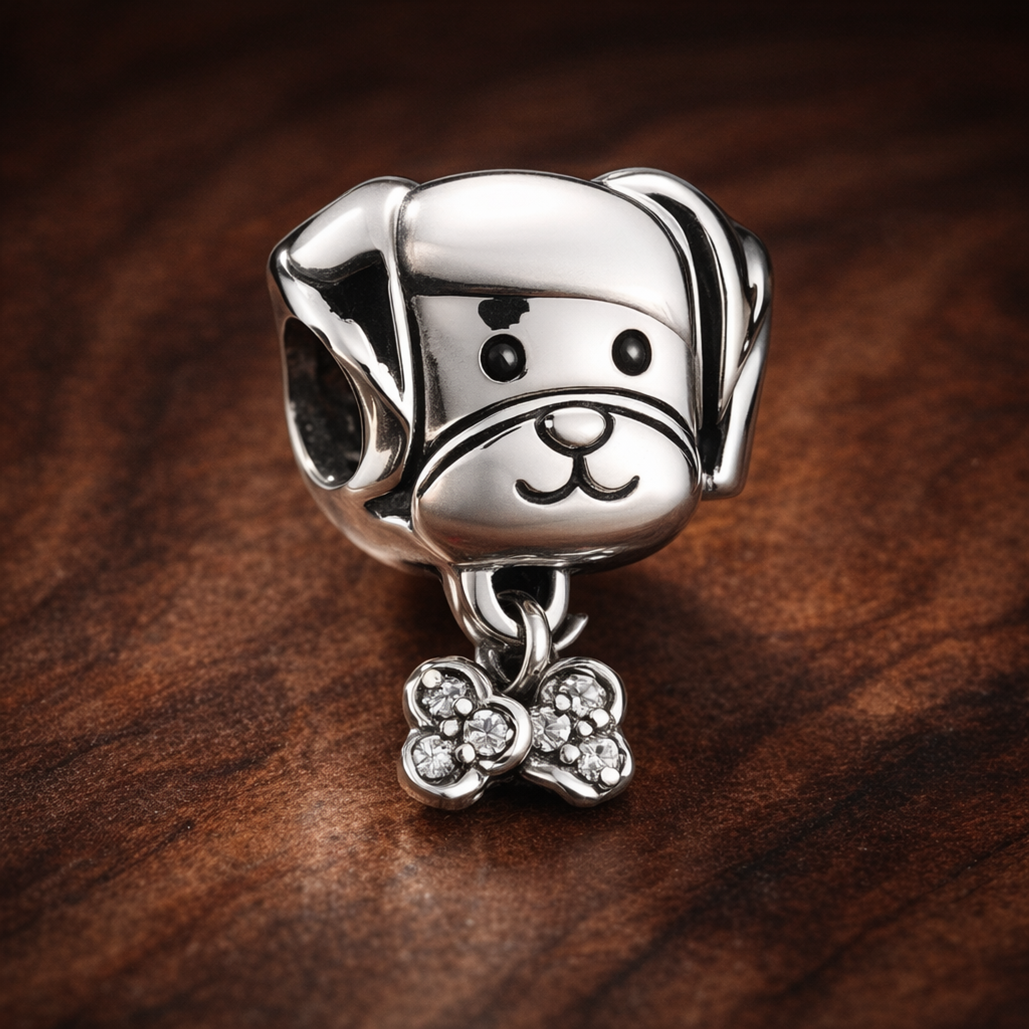 Pet Dog & Bone Charm — display on walnut