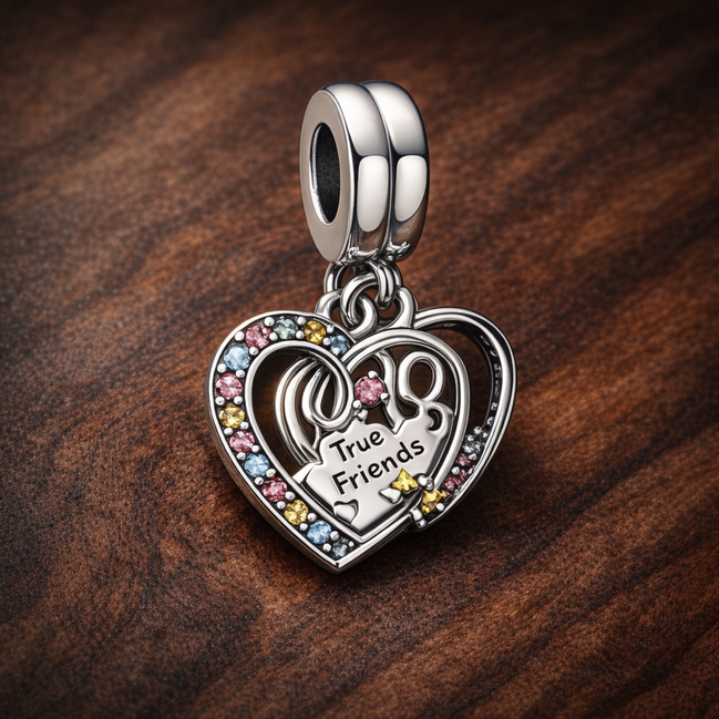 Puzzle Piece Hearts Splittable Friendship Dangle Charm — display on walnut