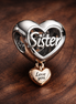 Love You Sister Heart Charm — display on walnut