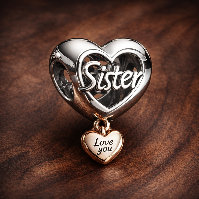 Love You Sister Heart Charm — display on walnut