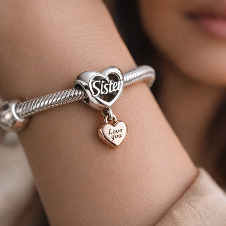 Love You Sister Heart Charm — worn on wrist