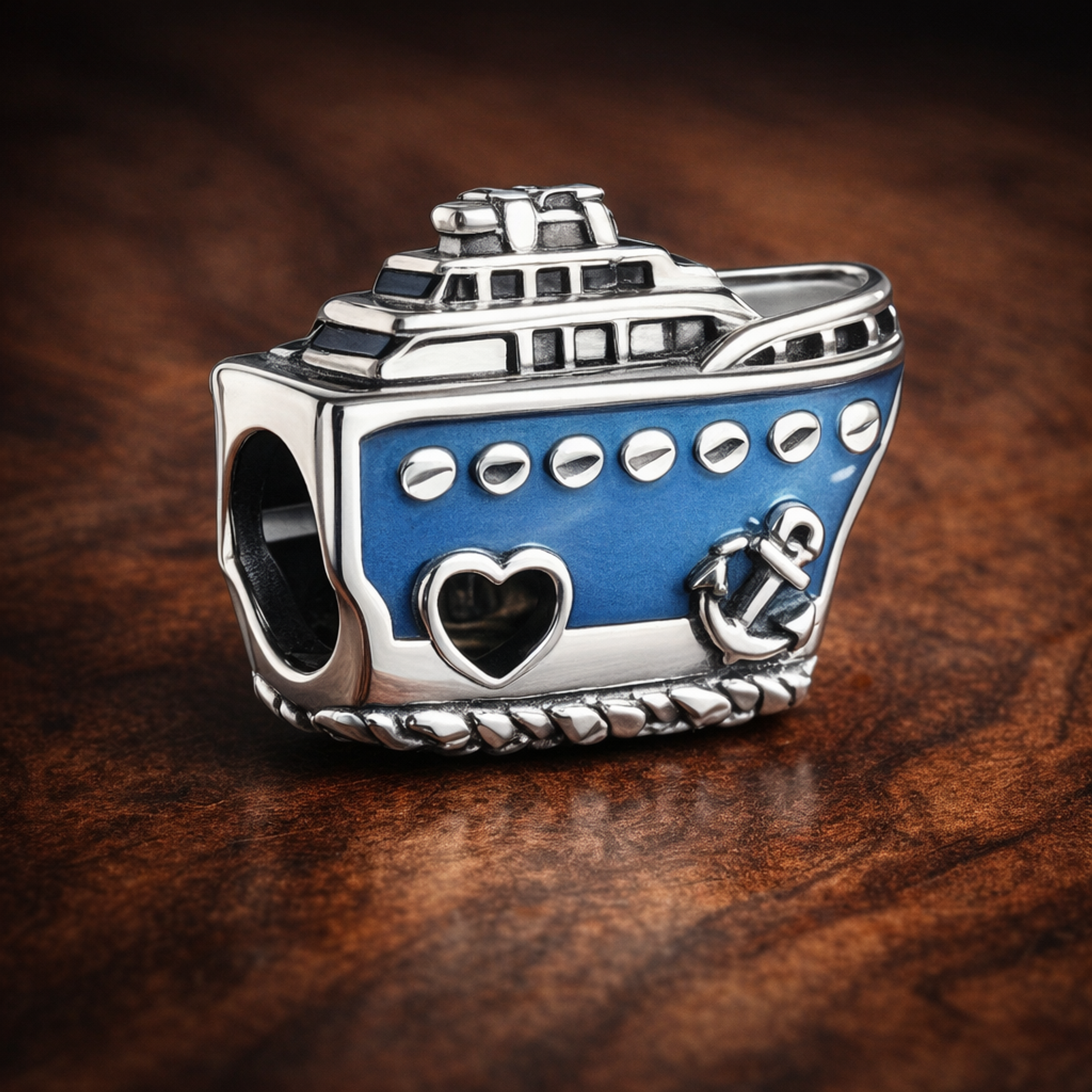 Anchored Cruise Ship Charm — display on walnut