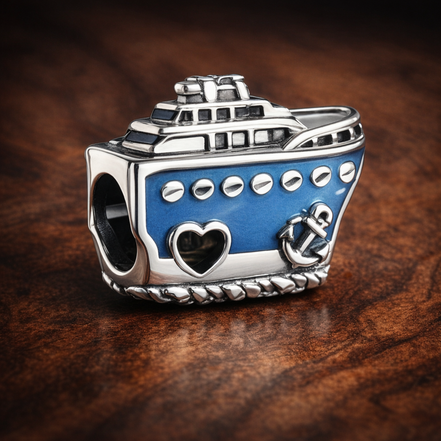 Anchored Cruise Ship Charm — display on walnut