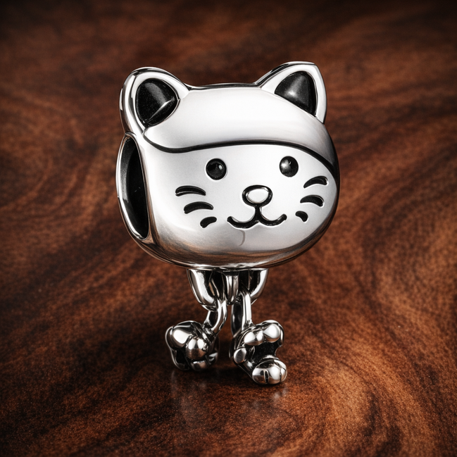 Pet Cat & Bow Charm — display on walnut