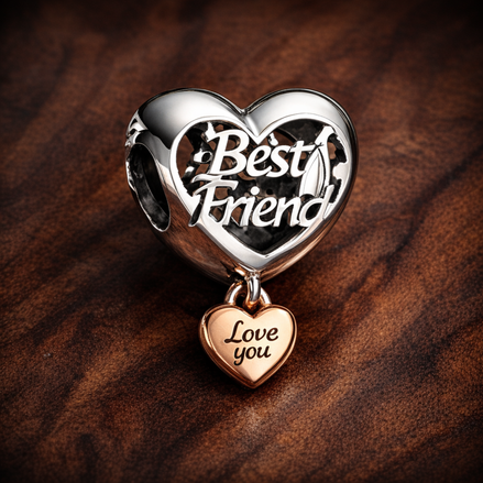 Love You Best Friend Heart Charm — display on walnut
