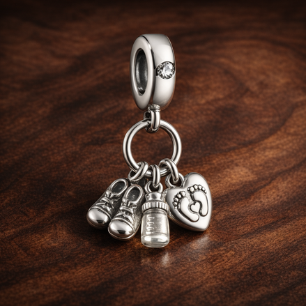 Baby Bottle and Shoes Dangle Charm — display on walnut