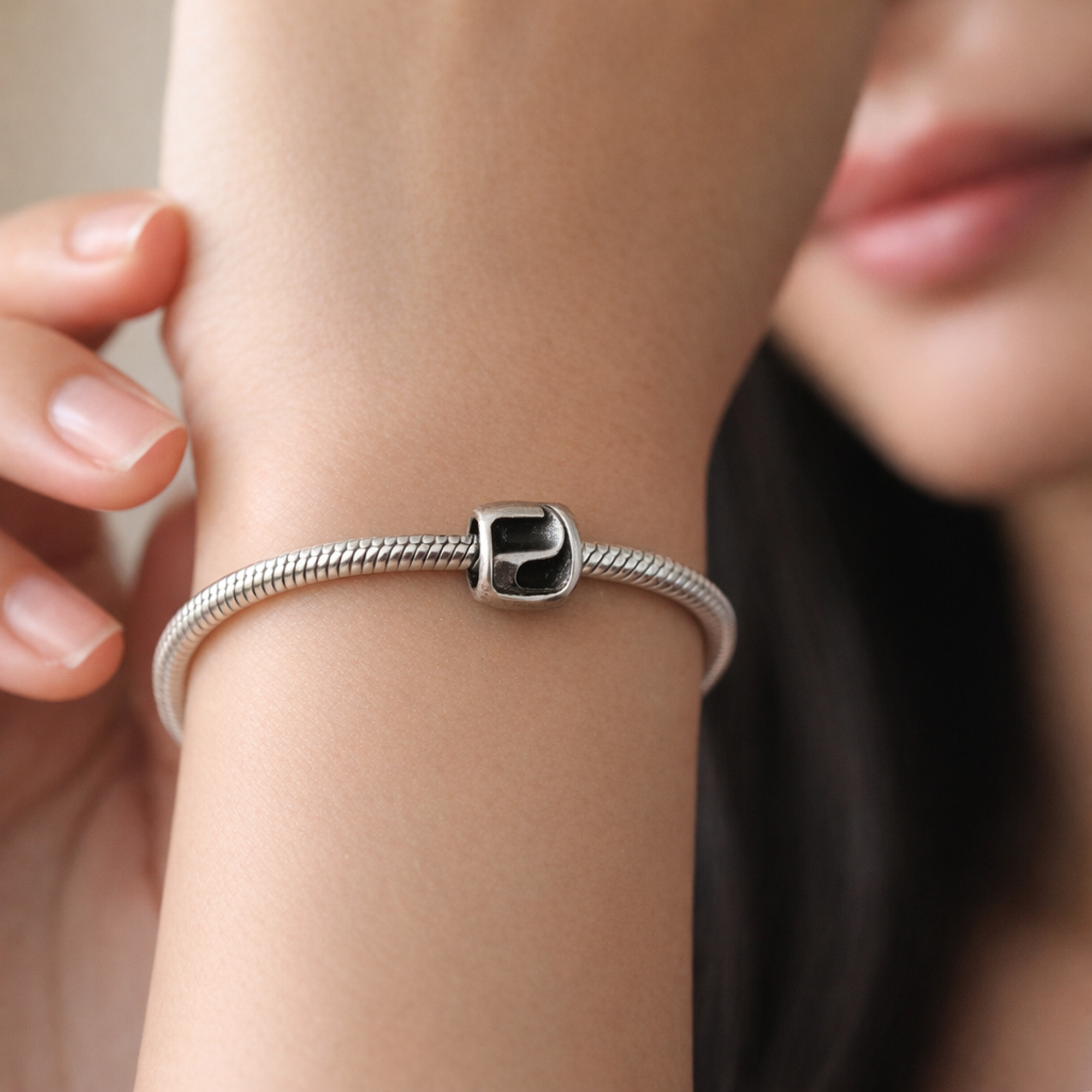 Silver Letter B - Silver Letter B Charm — worn on wrist