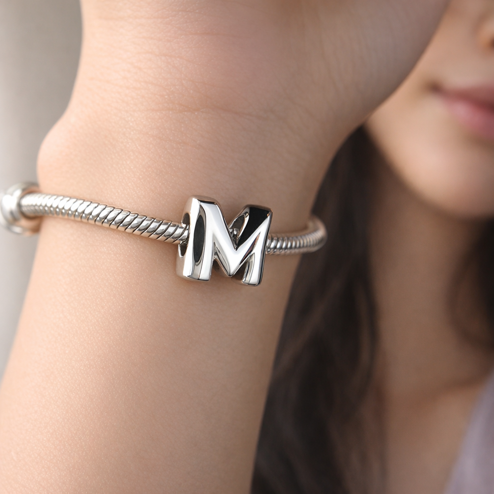 Letter M Alphabet Charm — worn on wrist