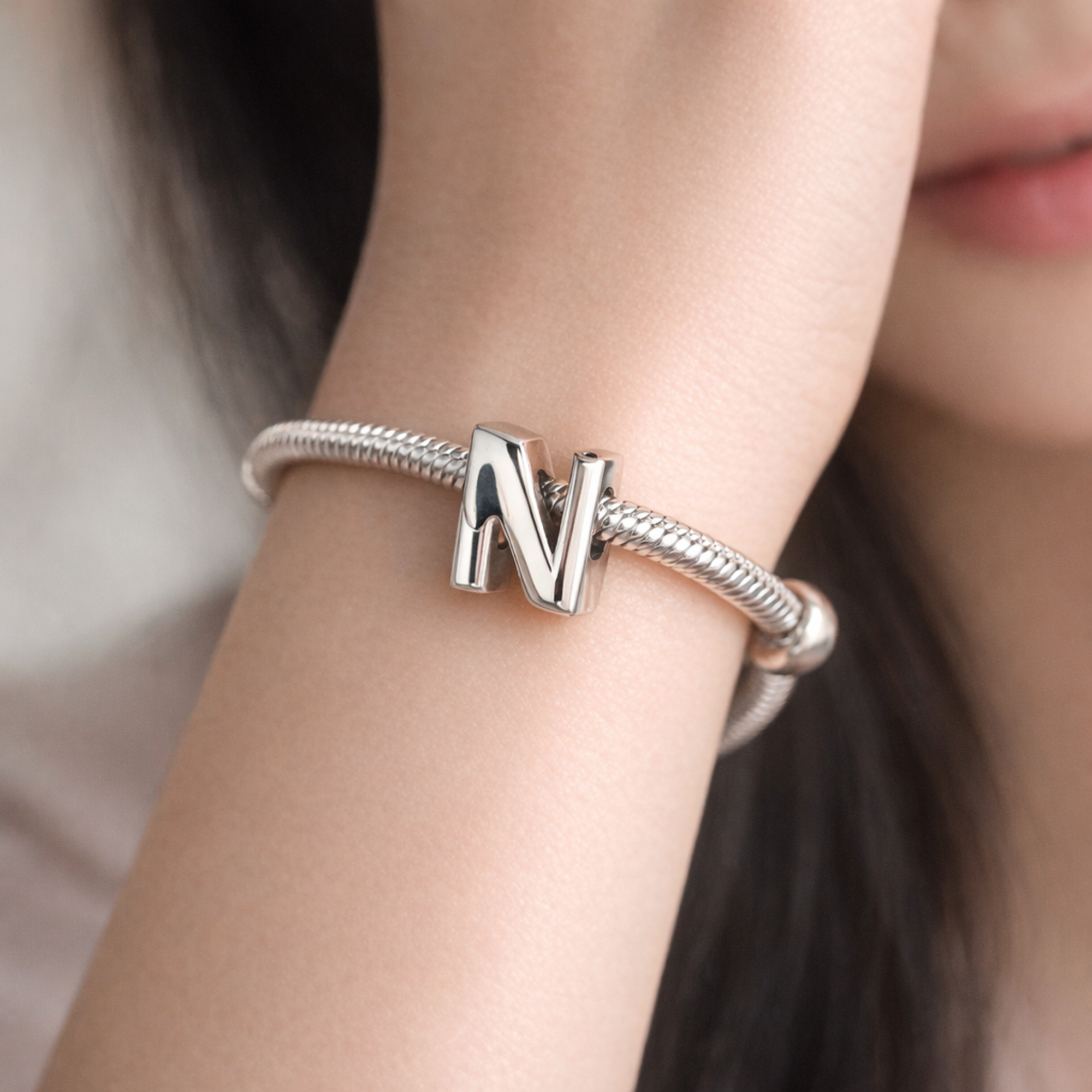 Letter N Alphabet Charm — worn on wrist