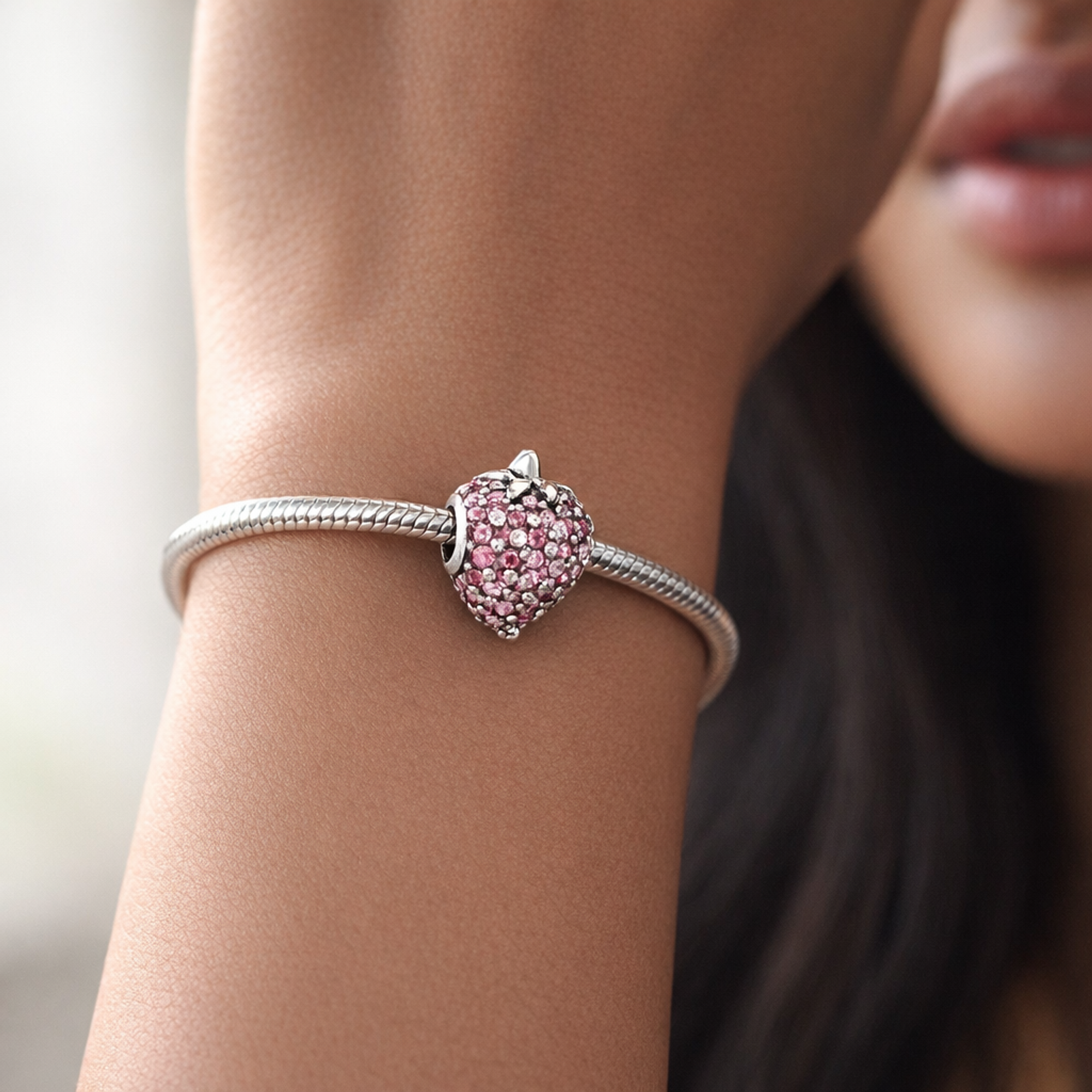 Pink Strawberry Charm - Pink Strawberry Charm — worn on wrist
